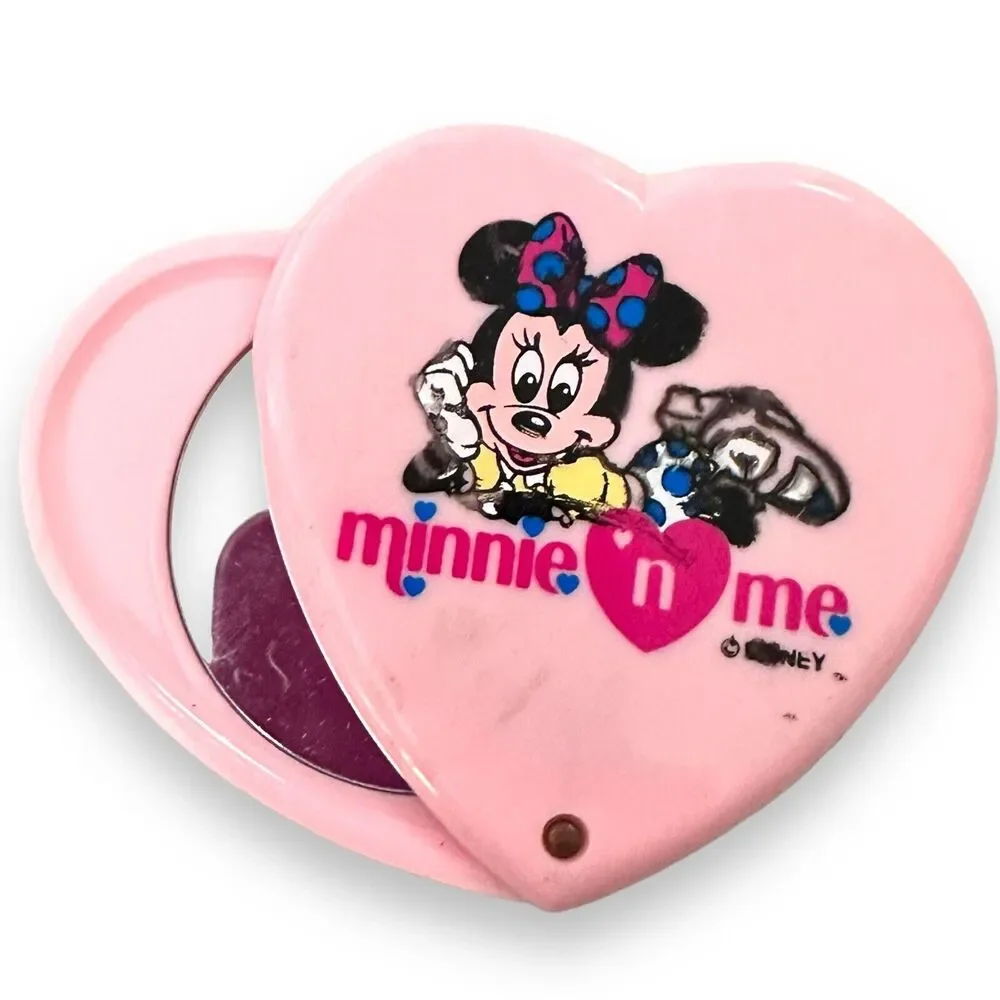 Vintage Minnie And Me Heart Compact Mirror Portable Folding Retro Pink